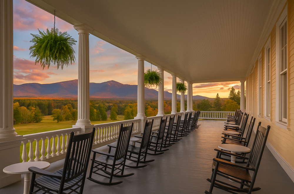 A wide veranda at the Mount Washington Inn with white rocking chairs lined up beneath tall white columns, overlooking green lawns and distant mountain peaks.