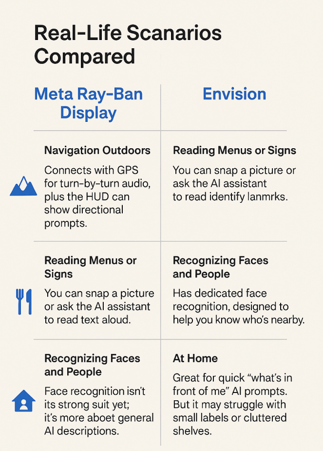 nfographic comparing Meta Ray-Ban Display and Envision Glasses in real-life scenarios such as navigation, reading menus, recognizing faces, and home use.