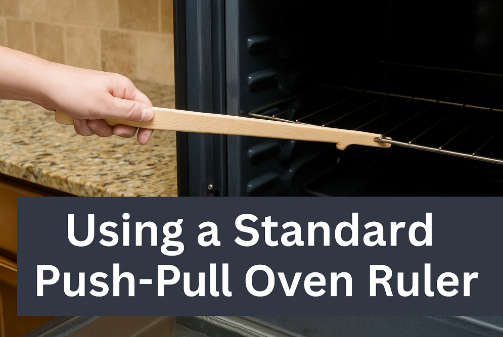 A visually impaired woman uses a push-pull oven ruler to safely adjust a rack in a kitchen oven, smiling with confidence and ease.