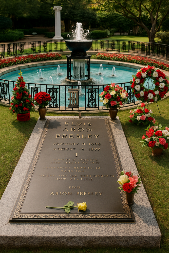 Elvis Presley’s gravestone surrounded by flowers in the Meditation Garden at Graceland, with a peaceful fountain in the background.