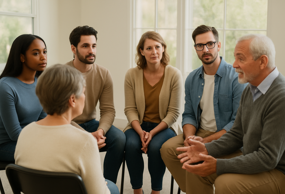 A group of six adults sitting in a circle of chairs in a sunlit room, engaged in a support group or discussion session. The setting is calm and informal, with people making eye contact and listening attentively.