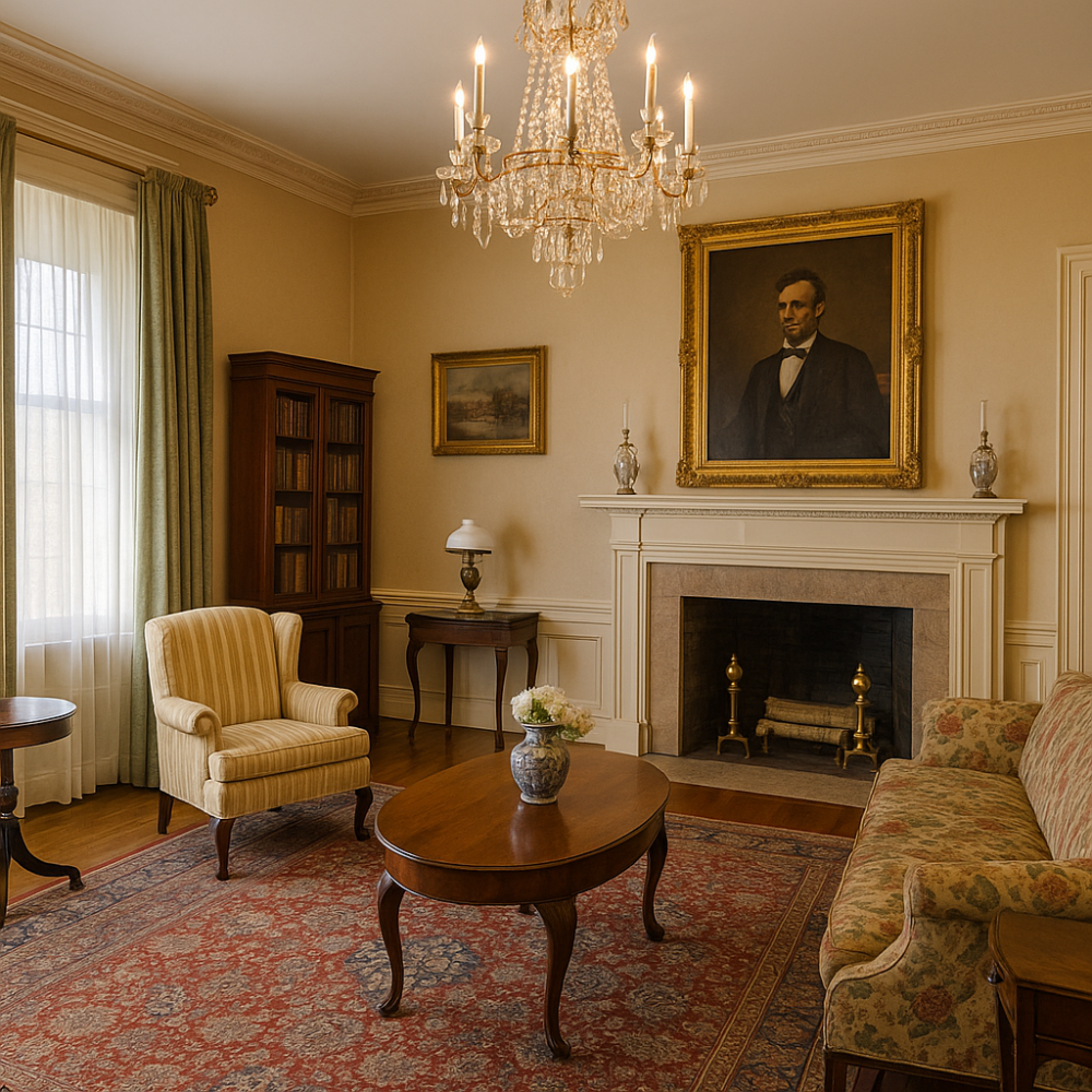 A preserved room inside a Georgian Revival mansion features period furnishings, including a floral sofa, striped armchair, crystal chandelier, antique bookshelf, and a portrait of Abraham Lincoln above a white fireplace.