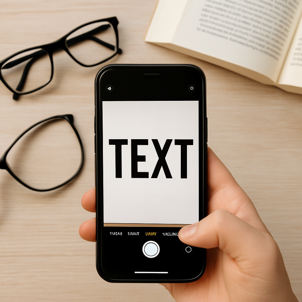 A close-up photograph shows a smartphone lying on a light wooden table. The phone’s screen displays a magnified view of printed text, highlighting its use as a digital magnifier for people with low vision.