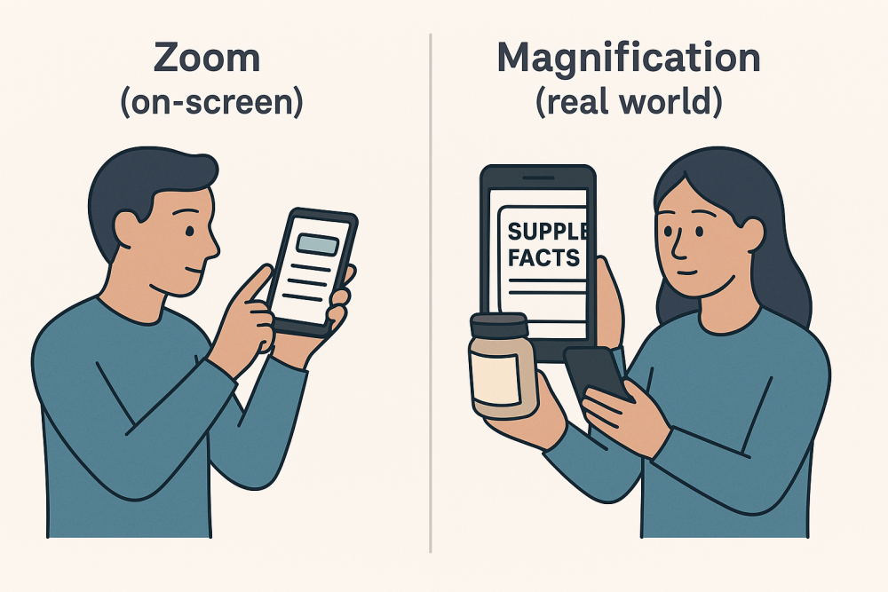 ide-by-side digital illustration of two people using smartphone accessibility tools: one using Zoom to enlarge screen content, and the other using camera-based Magnification to read a product label