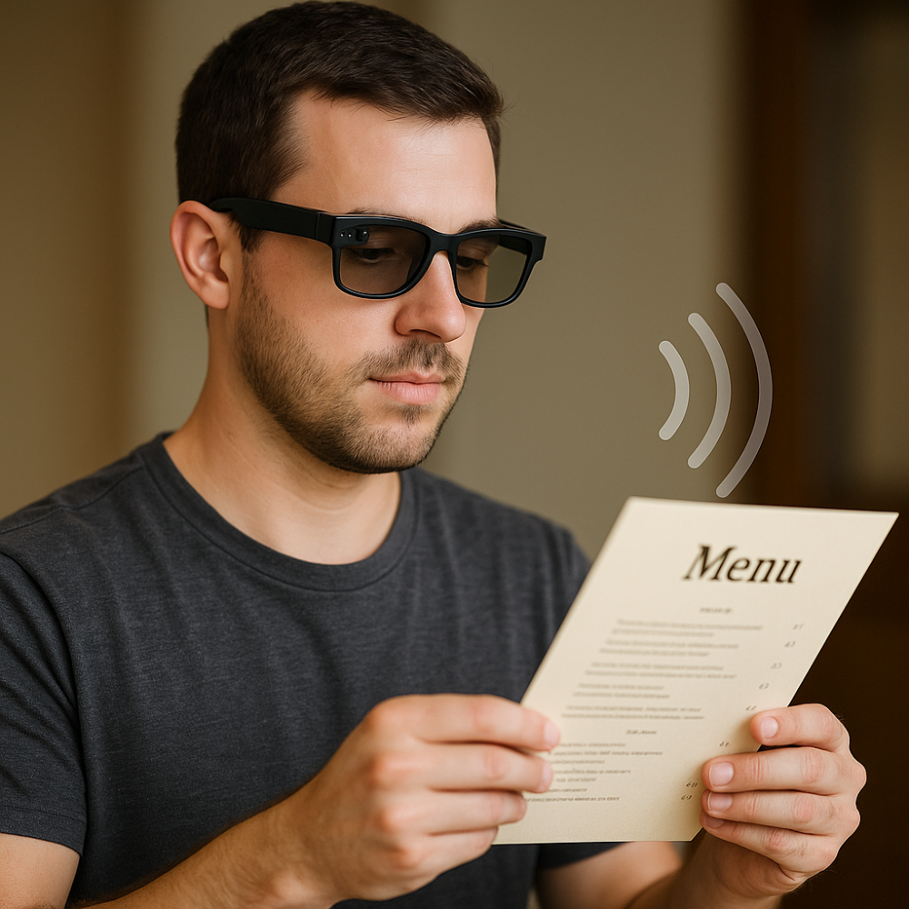 Envision smart glasses capturing text and narrating aloud with sound wave graphics