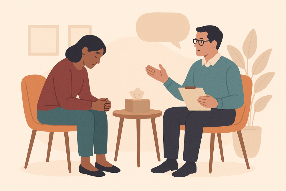 A woman speaks with a compassionate therapist in a calm setting, symbolizing the importance of finding support that fits your emotional needs.
