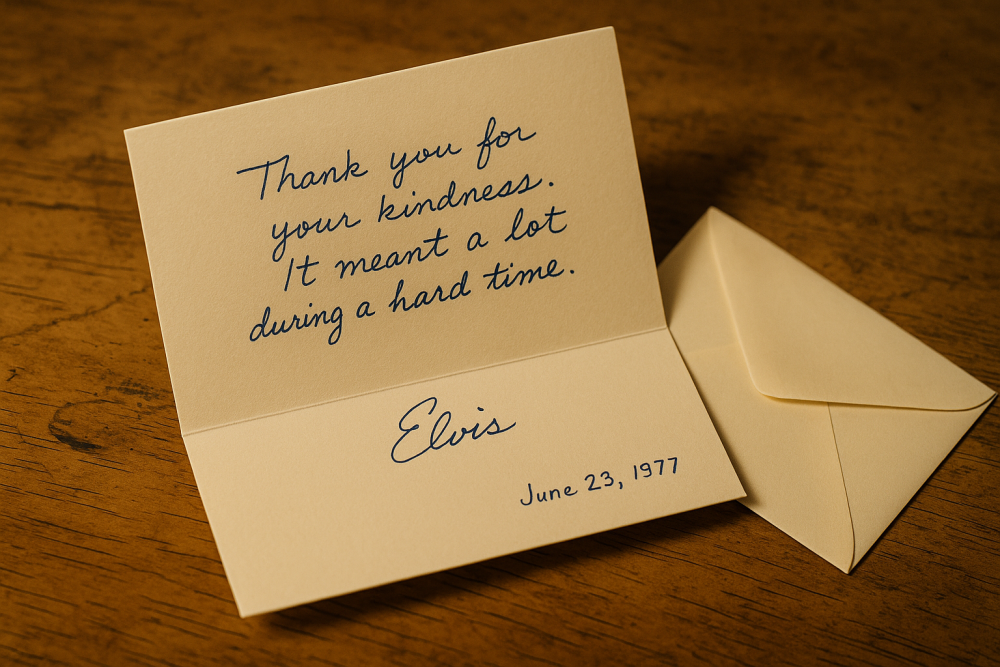 A handwritten thank-you card from Elvis Presley on ivory cardstock, placed on a wooden surface, dated June 23, 1977.