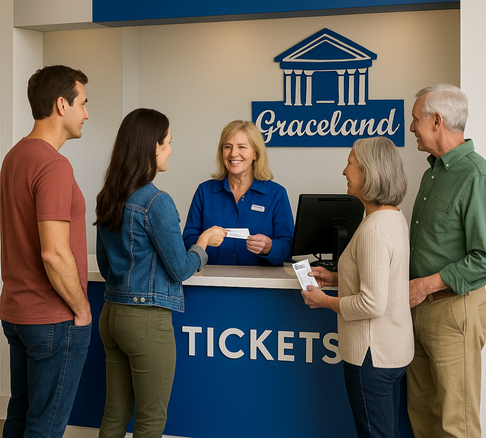 A group of visitors stands at the Graceland ticket counter, interacting with a smiling staff member under a blue sign labeled “Tours.” One guest presents a ticket while others hold theirs, ready for the experience ahead.