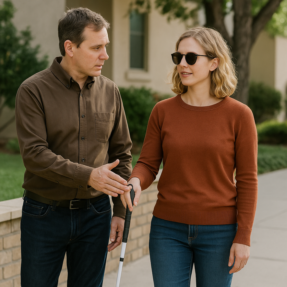 A male  orientation and mobility trainer walks alongside a blind woman using a white cane, guiding her across an urban sidewalk with tactile paving.