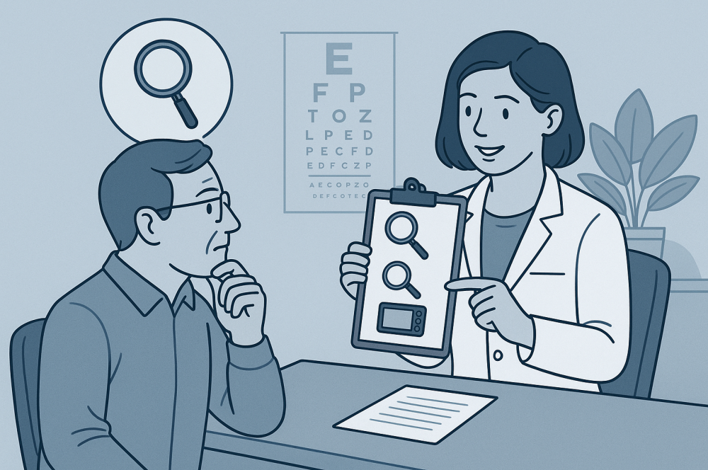 A blue-tone illustration of a low-vision specialist showing a clipboard with different magnifier options to a man seated across the desk, with an eye chart in the background and a thought bubble showing a magnifying glass.