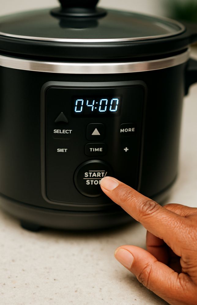 A close-up of a person’s hand pressing the START/STOP button on a modern black slow cooker, with the digital display reading 04:00.