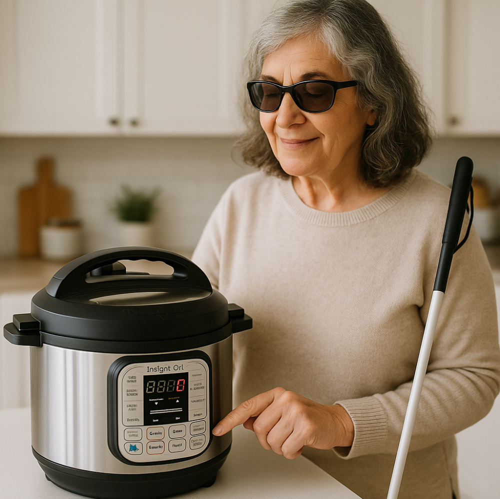 An older woman with light skin, gray hair, and sunglasses stands in a modern kitchen next to an Instant Pot. She holds a white cane in one hand while pressing a button on the appliance with her other hand.