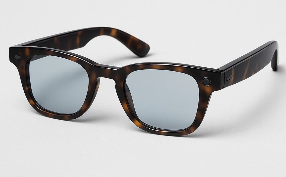 Modern smart glasses with built-in speakers and camera that look similar to regular sunglasses.