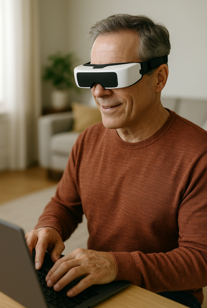 A middle-aged man with low vision uses a wearable video magnifier headset while reading a book in a bright, modern living room.