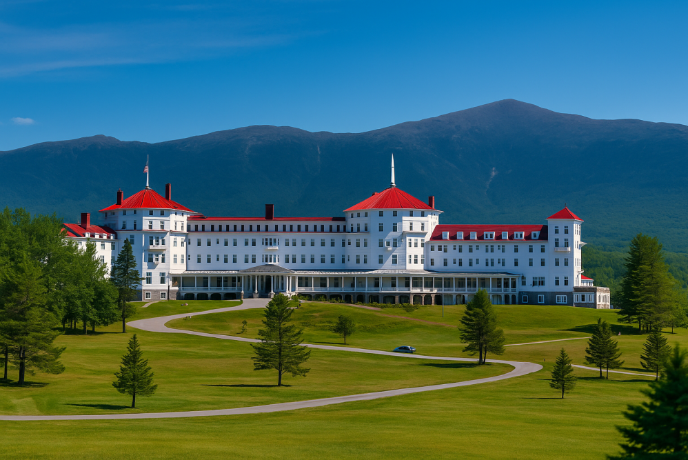 The grand white façade and red-roofed towers of the Mount Washington Inn, seen from the approach road framed by green lawns and mountain views.