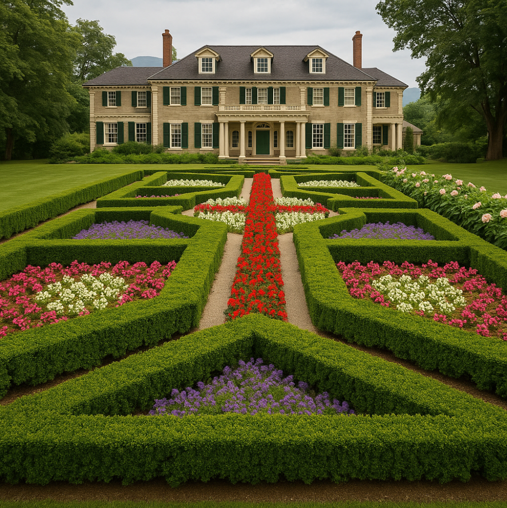 A vibrant formal parterre garden at Hildene is seen from above, with neatly clipped hedges and colorful flowerbeds forming a geometric, stained-glass–like design.
