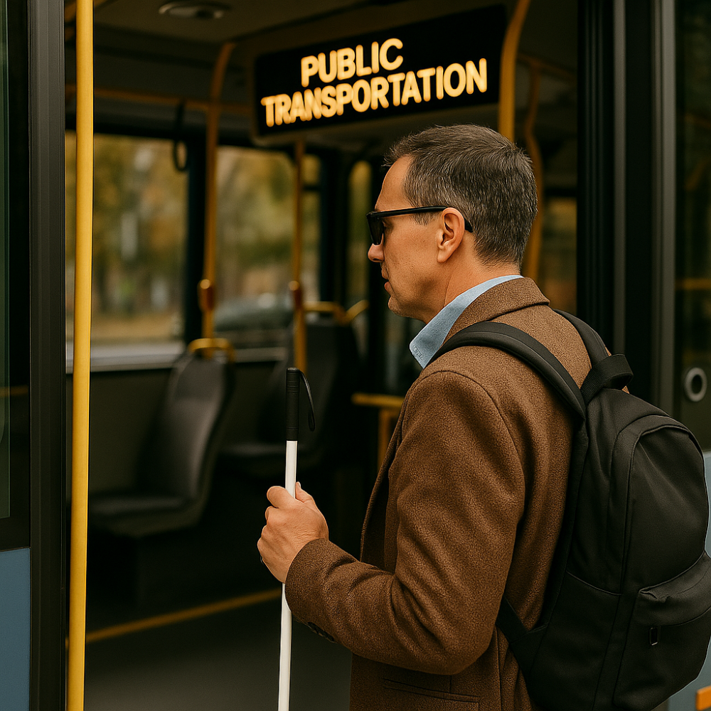 A visually impaired man with a white cane stepping onto a city bus, assisted by the driver.