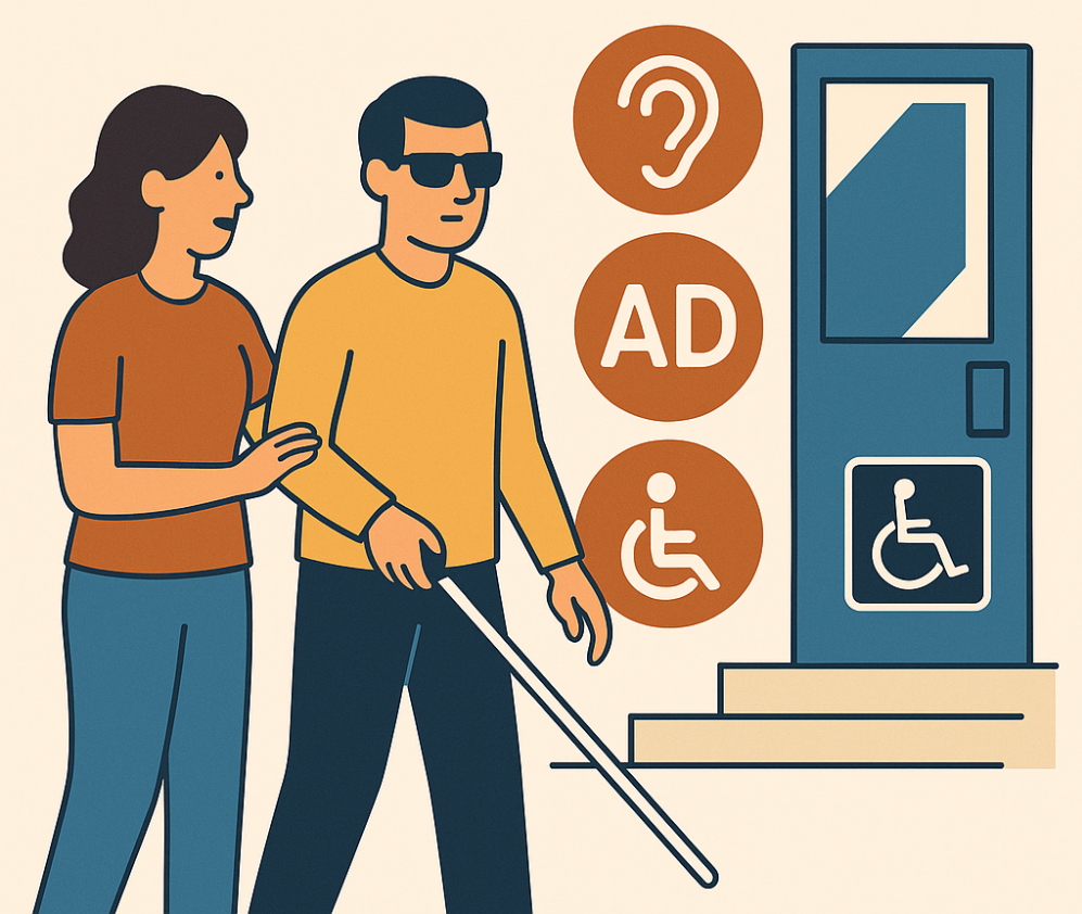 Illustration of accessibility features showing a woman guiding a blind man with a white cane toward a wheelchair-accessible entrance, with icons for hearing assistance, audio description, and wheelchair access