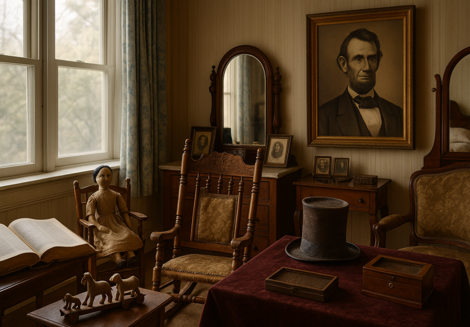 A warmly lit room at Hildene displays antique furnishings, period wallpaper, and a glass case containing family artifacts tied to the Lincoln legacy.