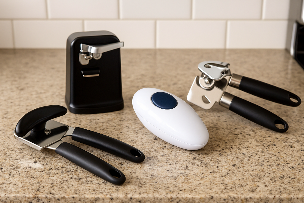 An assortment of can openers including manual, electric, and battery-operated models displayed on a light kitchen countertop.