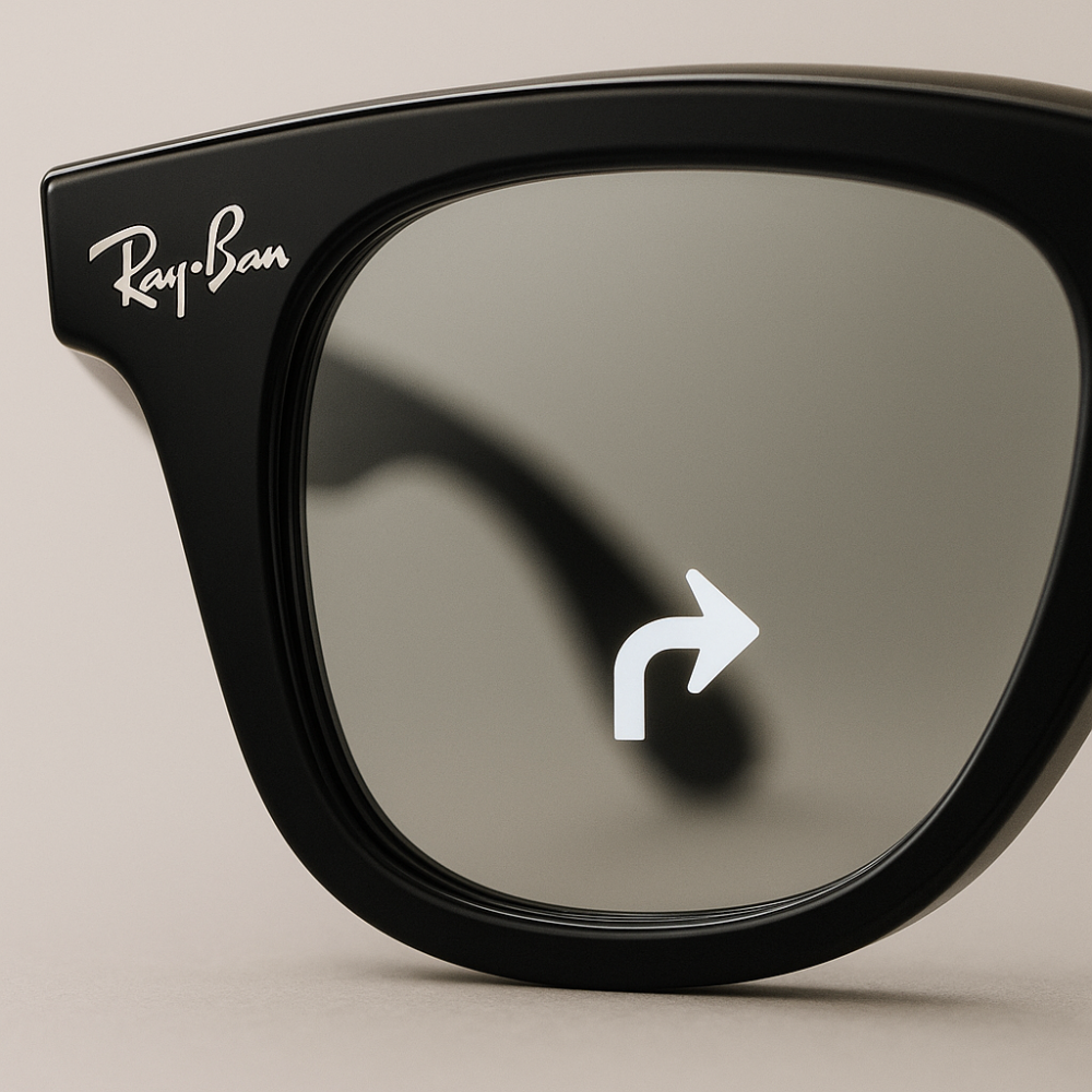 Close-up of Meta Ray-Ban Display smart glasses lens showing a discreet navigation arrow as part of the heads-up display (HUD).