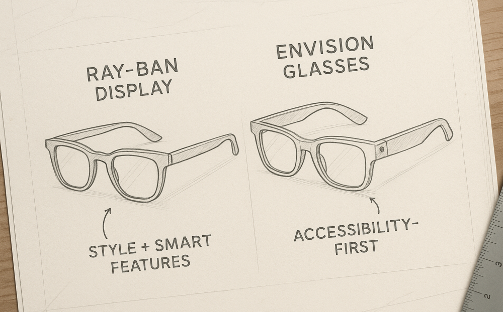 Photorealistic design-board style image showing Ray-Ban Display glasses labeled as style-driven and Envision Glasses labeled as accessibility-first.