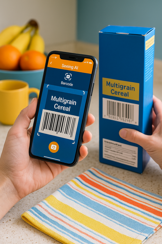 Smartphone using the Seeing AI app to scan a product barcode on a colorful box in a kitchen