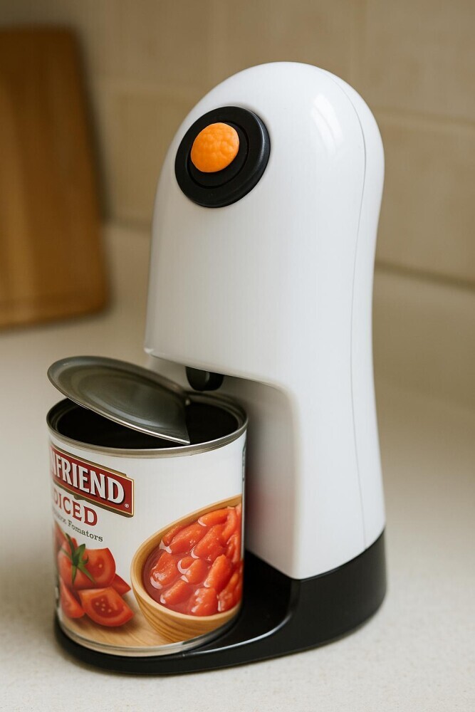  A white electric can opener with a bright orange bump dot opens a can of diced tomatoes on a clean kitchen counter, offering a safe and accessible solution for visually impaired users.