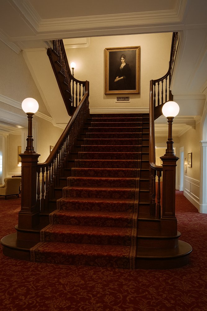 The grand staircase of the Mount Washington Inn with a large oil portrait of Carolyn Stickney overlooking the landing, surrounded by antique wood railings and richly patterned carpet.