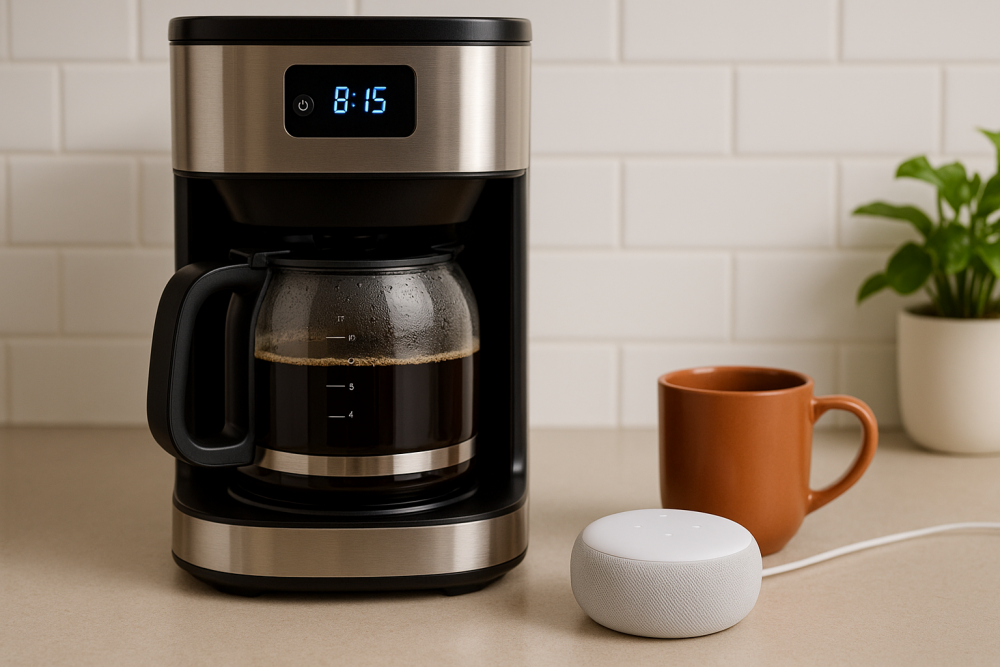 Smart coffee maker brewing a pot of coffee with a voice assistant speaker nearby on the counter.