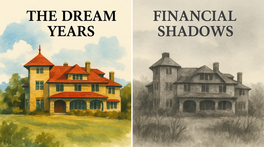 Split watercolor-style image of Lucknow Estate showing two contrasting sides—one vibrant and sunlit, the other shadowed and subdued—symbolizing the contrast between its prosperous early years and the later financial downfall.