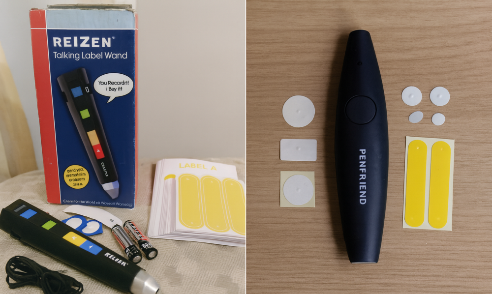 A side-by-side image of two talking labelers: the Reizen Talking Label Wand on the left and the PenFriend on the right, with sample tags and stickers placed around them on a wooden surface.