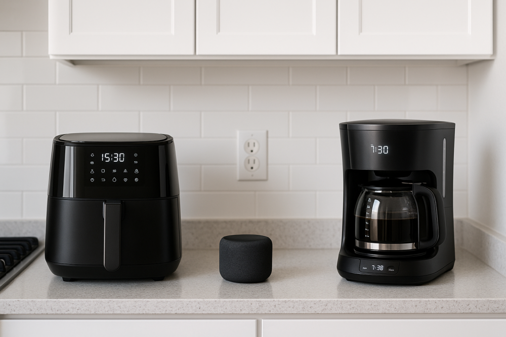 Modern kitchen counter with smart coffee maker, air fryer, and a voice assistant speaker, showing small appliances that can be voice-controlled