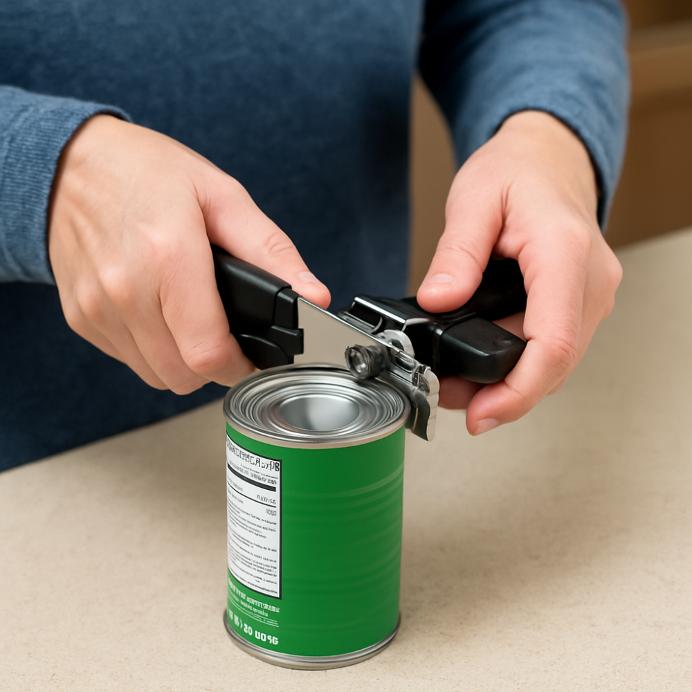 Hands using a manual can opener positioned sideways across the rim of a can, demonstrating an alternative grip technique for easier alignment.