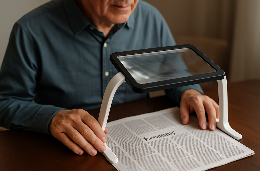 Person reading a newspaper using a desktop stand magnifier on a table