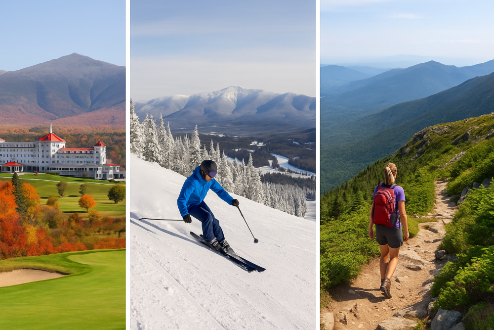 A triptych of seasonal scenes at Mount Washington Inn: vibrant fall foliage with mountain views, winter snow and skiers at the resort, and hikers on a summer trail surrounded by greenery.