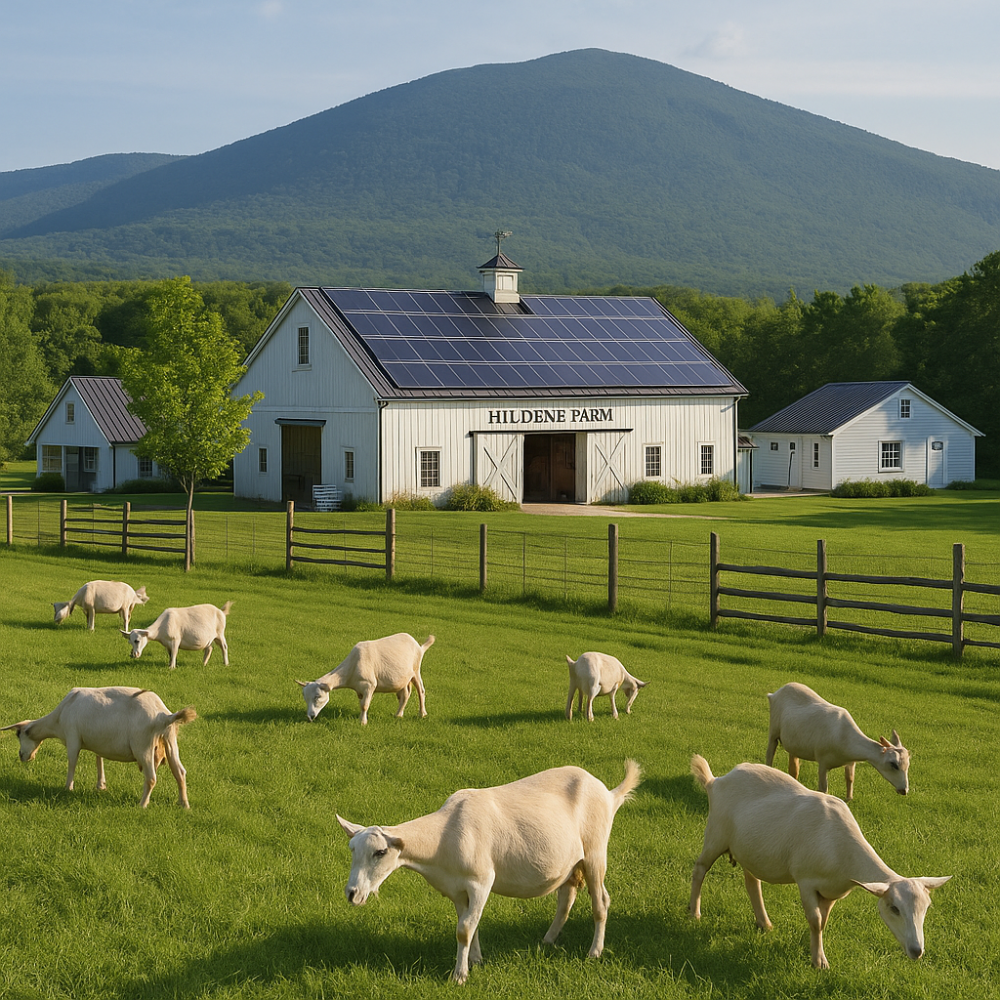 A peaceful scene at the Hildene farm shows goats grazing in a sunny pasture near a red barn, with rolling meadows and distant trees under a clear sky.