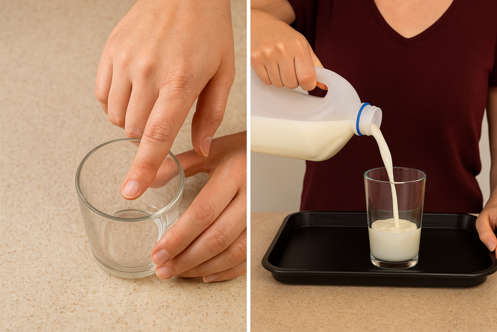 Two practical pouring techniques: using a fingertip to feel when the glass is full and the right side pouring into a glass setting on a tray.