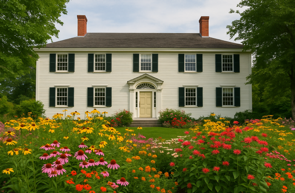 Front view of a white Federal-style house with black shutters, flanked by lush flower beds filled with vibrant yellow, pink, red, and orange blooms, all set beneath a bright summer sk