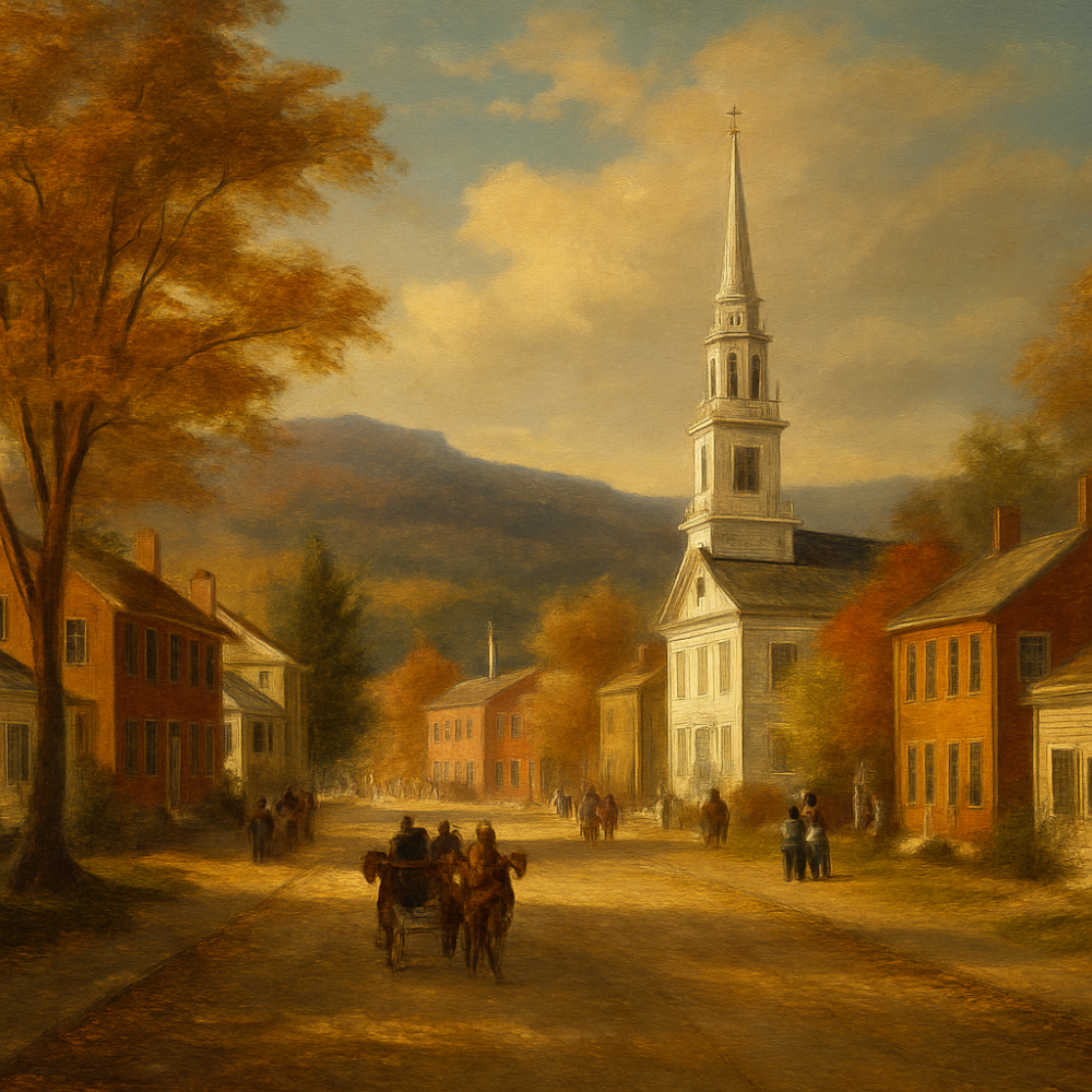 Oil painting of a historic New England town with a central white church steeple, brick and clapboard buildings, autumn trees, and townspeople walking and riding in a horse-drawn carriage under a golden sky.