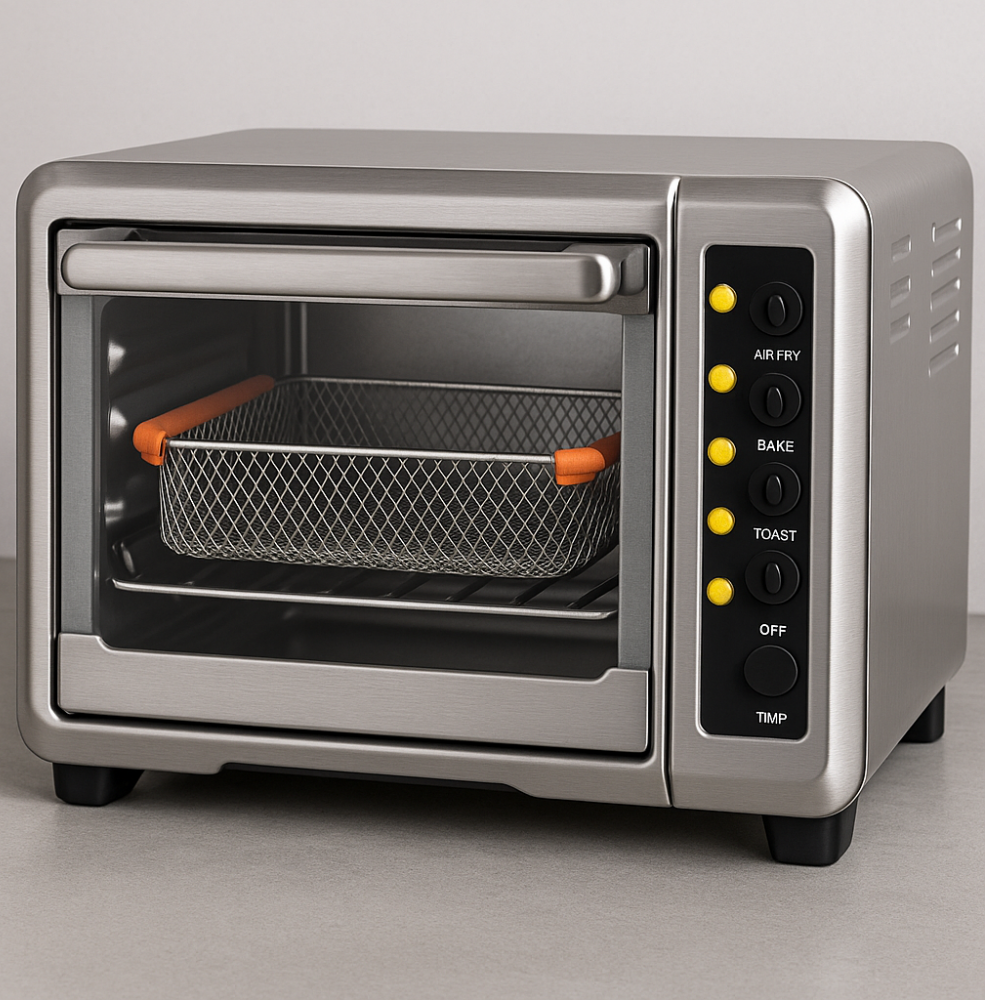 A stainless steel countertop toaster oven with the air fryer basket extended. Soft, clear silicone oven rack guards are installed along the front edge of the basket to help prevent burns when removing hot food.