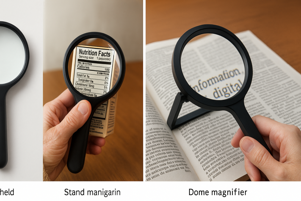 A set of three magnifier examples: a handheld magnifier on a white background, a handheld magnifier enlarging a nutrition label on a food package, and a stand magnifier positioned over text in a book.