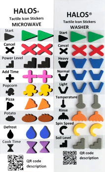A side-by-side image of HALOS tactile icon sticker sets. The left set shows microwave function labels (Start, Cancel, Power Level, Popcorn, Pizza, etc.), and the right set shows washer function labels (Heavy, Light, Temperature, Rinse, Spin Speed, etc.).