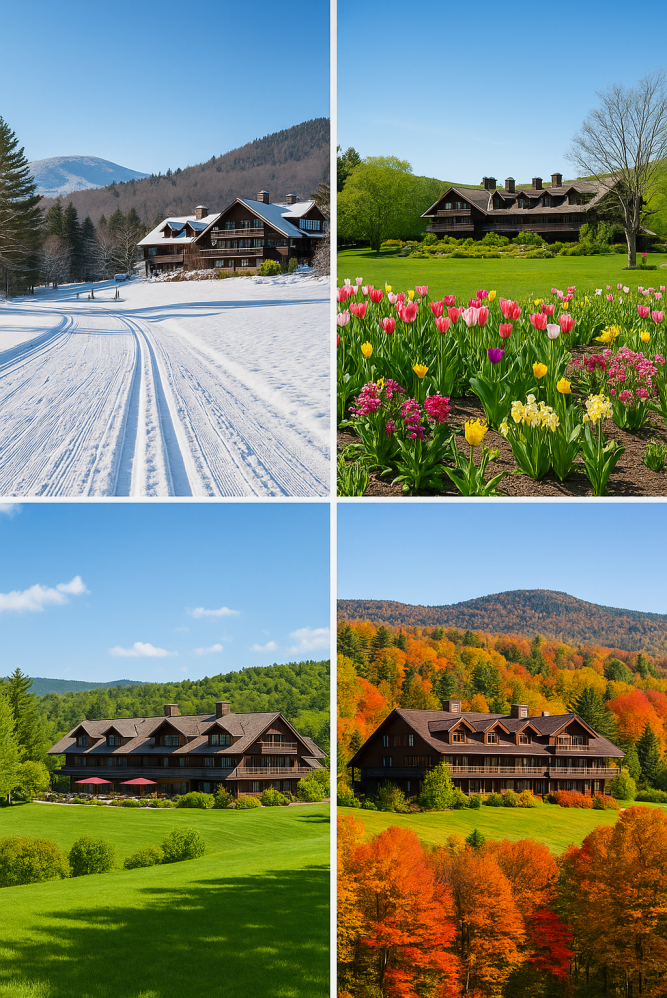 A four-panel image showing the Trapp Family Lodge and its surrounding landscape across the seasons: vibrant wildflowers in spring, lush greenery in summer, brilliant foliage in autumn, and snow-covered trails in winter.