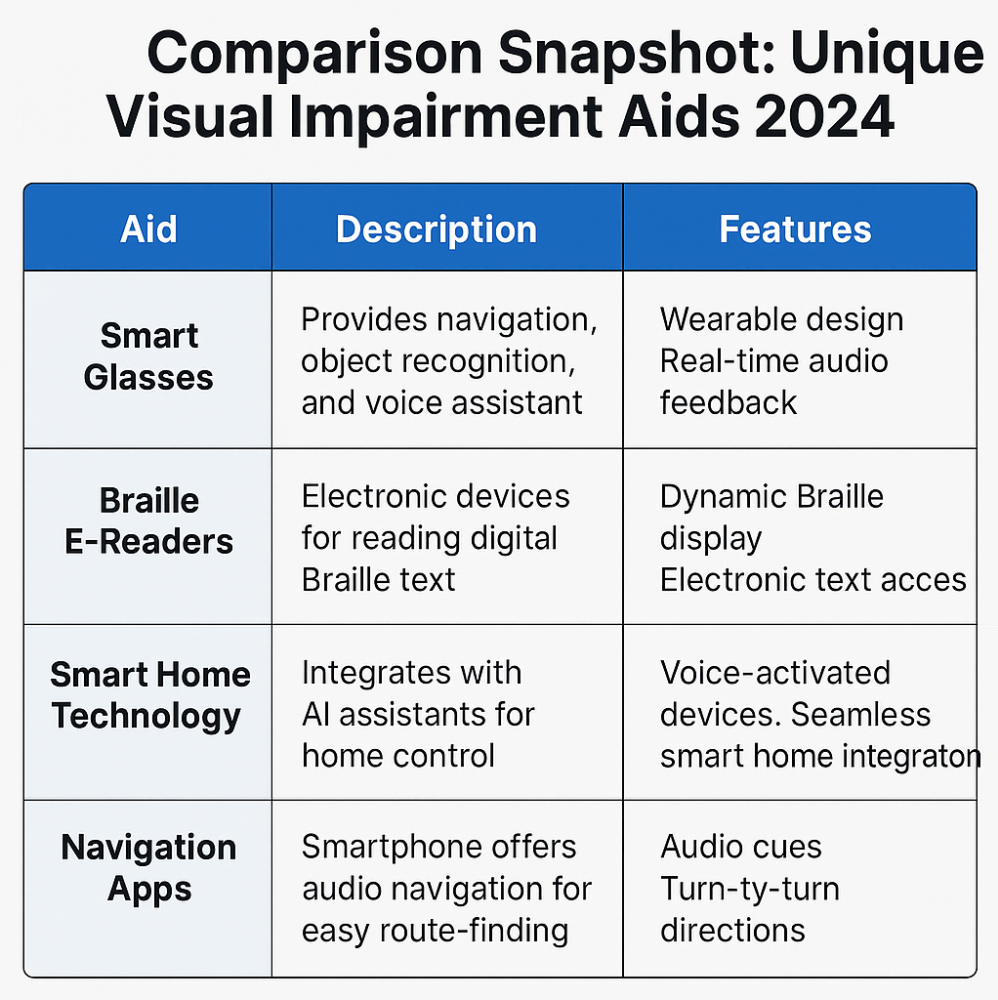 ext: Infographic comparison table of visual impairment aids in 2024, listing smart glasses, braille e-readers, smart home technology, and navigation apps with their descriptions and features.