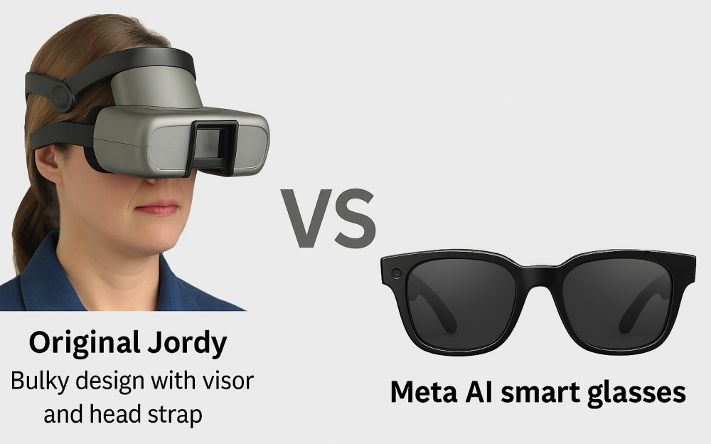 Side-by-side comparison of early Jordy wearable magnifier headset with bulky control box and modern Meta AI Smart Glasses in a sleek design