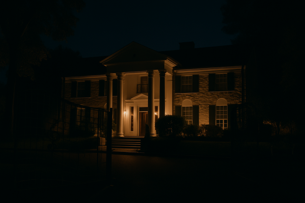Dimly lit staircase inside Graceland leading to the private second floor, with soft lighting above and framed by white columns and wood railings.