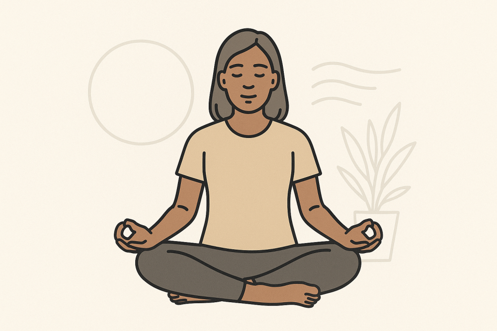 A woman sits in a meditative pose with eyes closed, surrounded by soft lines and plants, symbolizing calm and mindfulness.