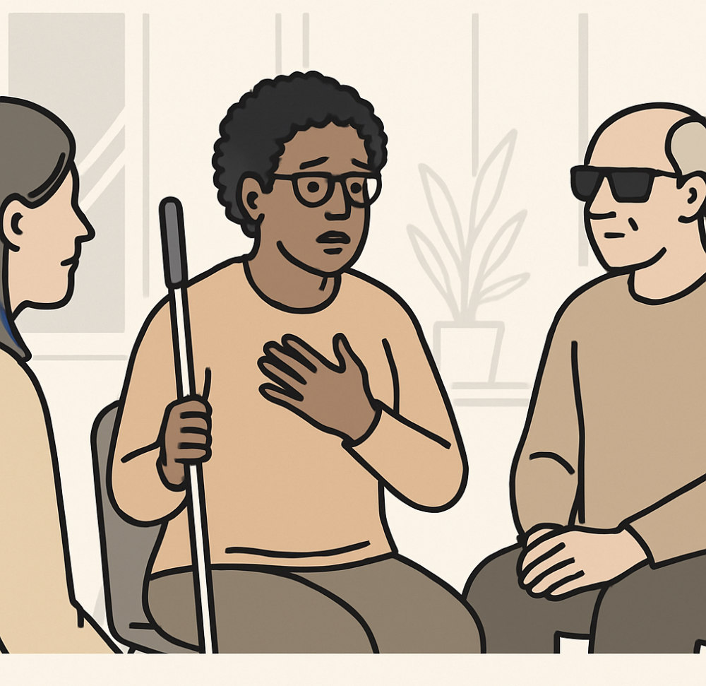 Three visually impaired individuals, including a woman with a white cane, participate in a support group discussion in a softly lit room with large windows and plants.
