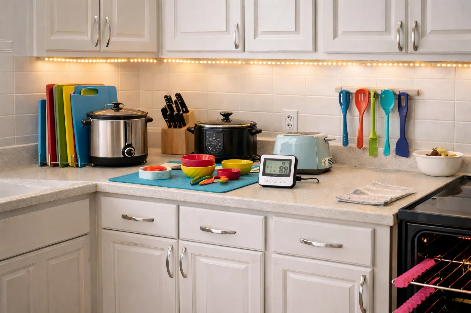Accessible kitchen setup with under-cabinet lighting, color-coded cutting boards, tactile multicooker, smart toaster, talking kitchen timer, and brightly colored utensils arranged on a well-lit countertop.